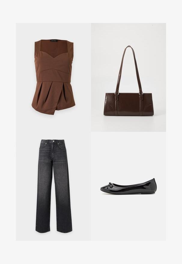 Haut marron sans manches avec encolure carrée, taille cintrée et ourlet plissé asymétrique, posé à plat sur un fond clair.; Jean en denim noir taille haute à jambes droites avec poches avant, passants de ceinture, bouton et fermeture éclair sur fond blanc.; Ballerines en cuir verni noir avec un embout pointu, un nœud décoratif à l'avant et une semelle en caoutchouc texturée.; Sac à main en cuir verni marron de forme rectangulaire, avec deux longues poignées et des accents courbés subtils à l'avant.