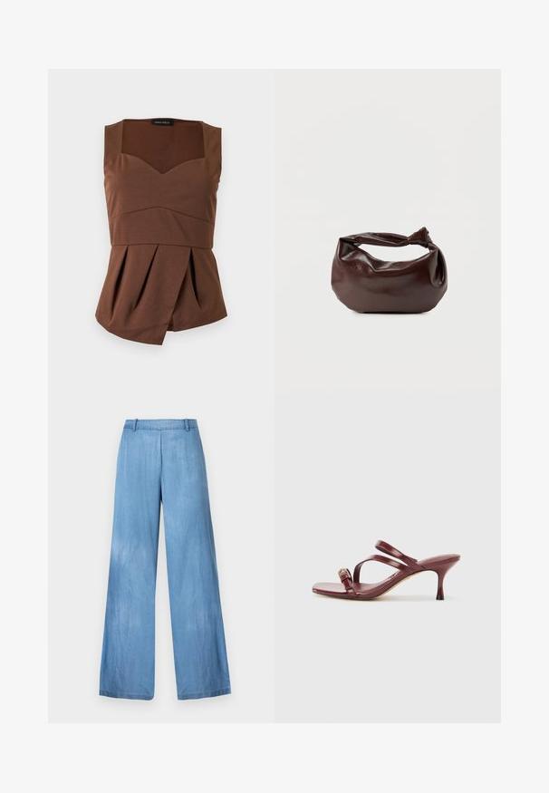 Bruine mouwloze top met vierkante halslijn, aansluitende taille en asymmetrische geplooide zoom, plat gelegd op een lichte achtergrond.; Lichtblauwe wijde broek van denim, met een hoge taille, subtiele vervaging en een schone zoom zonder versieringen of zakken.; Bordeaux gepatenteerde leren sandalen met hoge hakken, een vierkante teen, twee slanke bandjes en een decoratieve gouden gesp aan de zijkant.; Donkerbruine leren schoudertas met een zachte, slungelige vorm en een gedraaide knoopvormige handgreep op een effen witte achtergrond.