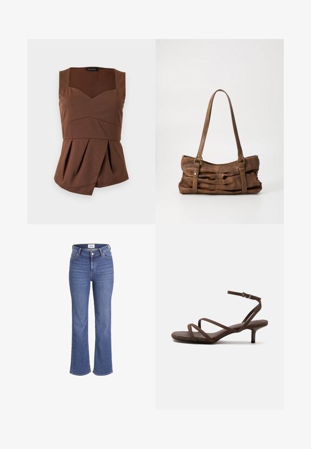 Brun ærmeløs top med firkantet halsudskæring, tætsiddende talje og asymmetrisk plisseret kant, lagt fladt på en lys baggrund.; Mørkeblå jeans i denim med høj talje, brede ben og et traditionelt fem-lomme design. Har synlig syning og lukning med en frontknap.; Brun højhælet sandal med tynde krydsede stropper og en ankelrem med en sølvspænde på en hvid baggrund.; Even&Odd Håndtasker - brown