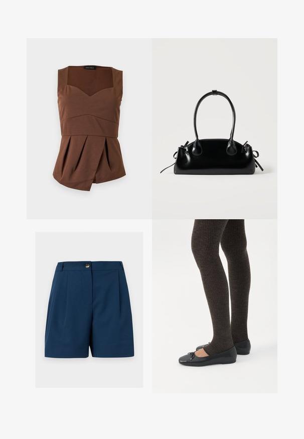 Haut marron sans manches avec encolure carrée, taille cintrée et ourlet plissé asymétrique, posé à plat sur un fond clair.; Shorts bleu marine sur mesure avec plis avant, passants pour ceinture et fermeture à bouton doré à la taille.; Jambes portant des leggings côtelés foncés associés à des ballerines noires avec de petits détails en nœud sur fond blanc.; Petit sac à main noir brillant avec deux longues anses et des détails à cordon sur les côtés sur un fond clair uni.