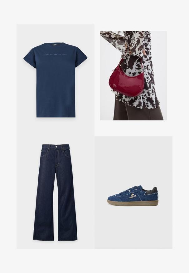 T-shirt bleu marine à manches courtes avec des poignets roulés et un subtil texte "REPLAY" en miroir sur la poitrine.; Jean en denim bleu foncé à jambes larges avec poches avant, passants de ceinture et fermeture par bouton.; Replay PYPER - Baskets basses - blue; Femme portant un chemisier à motif noir et blanc tenant un sac à main rouge brillant sur un fond uni.