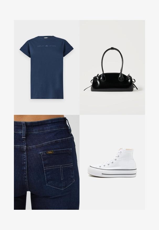 Camiseta de manga corta azul marino con puños enrollados y sutil texto "REPLAY" reflejado en el pecho.; Vaqueros de mezclilla azul oscuro con un bolsillo trasero estándar. Presentan detalles cosidos y una pequeña etiqueta amarilla con la marca "Lois".; Zapatillas altas blancas de material de lienzo, con suela de goma negra y una franja negra en el mediopie. Punta circular y diseño de cordones.; Pequeño bolso negro brillante con dos asas largas y detalles de cordón lateral sobre un fondo claro liso.