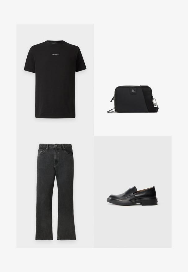 Zwart katoenen t-shirt met een ronde hals, korte mouwen en een klein wit "KARL LAGERFELD" logo op de borst. Eenvoudig ontwerp.; Zwarte denim jeans met een rechte pasvorm, met een middelhoge taille, vijf zakken en een knoopsluiting. Subtiele vervaagde textuur overal.; Zwarte leren instap schoenen met een lage hak en subtiel Calvin Klein-logo aan de zijkant, weergegeven in profiel op een witte achtergrond.; Zwarte rechthoekige tas van textured materiaal, met een ritssluiting, verstelbare schouderriem en een logo-opdruk aan de voorkant.