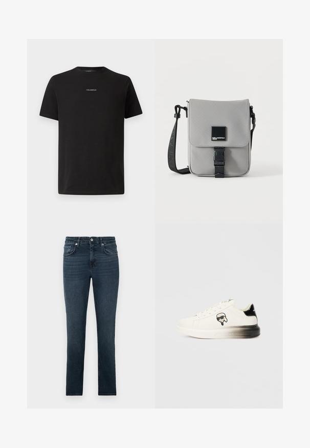 Camiseta de algodón negra con cuello redondo, mangas cortas y un pequeño logo blanco "KARL LAGERFELD" en el pecho. Diseño sencillo.; Jeans ajustados de color azul oscuro con bolsillos frontales, botón y presillas para cinturón, exhibidos sobre un fondo claro y liso.; Zapatilla blanca con parte superior de cuero liso, detalles en negro en el talón y un logotipo de dibujos animados. Presenta una suela gruesa y ligeramente transparente.; Bolso bandolera gris con correa negra ajustable, solapa frontal sujeta con hebilla negra, con parche cuadrado con logo de Karl Lagerfeld Jeans.