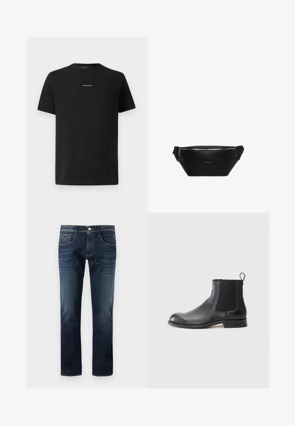 Zwart katoenen t-shirt met een ronde hals, korte mouwen en een klein wit "KARL LAGERFELD" logo op de borst. Eenvoudig ontwerp.; Donkerblauwe denim jeans met een klassieke rechte pijp, voorzien van vijf zakken, een knoopsluiting aan de voorkant en subtiele stikdetails.; Zwarte leren Chelsea boot met een textuuroverzicht, elastische zijpanelen en een trekband. Beschikt over een platte rubberen zool en een ronde neus.; Zwarte leren heuptas van Calvin Klein met een bovenrits en verstelbare zijbanden.