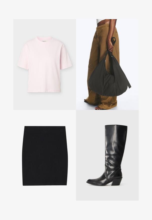 Lyserød kortærmet T-shirt med rund hals og løs pasform vist mod en ensfarvet lysegrå baggrund.; Sort ribbet strikket mini nederdel med et tætsiddende design, glat tekstur og en elastisk talje for komfort.; Sorte læder knæhøje støvler med spids tå, vinklet hæl og glat tekstur. Funktioner en subtil syning langs siden.; Person iført brune vidde bukser og hvid top holder en stor sort blød håndtaske i remmen ved siden.