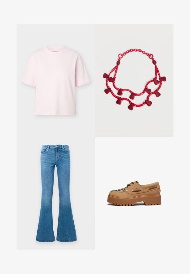 Lichtroze T-shirt met korte mouwen en ronde hals, met een losse pasvorm, weergegeven op een effen lichtgrijze achtergrond.; Blauwe spijkerbroeken met uitlopende pijpen en een mid-rise taille, voorzien van vijf zakken, een standaard knoopsluiting en een lichte vervaging voor textuur.; Timberland STONE STREET - Bootschoenen - medium beige; Rode ketting met twee strengen met ronde en langwerpige kralen, gestructureerde kegelvormige hangers en een sluiting met schakels.