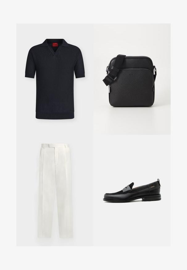 Polo noir à manches courtes en maille avec texture côtelée, col en V, et étiquette rouge Hugo à l’intérieur du col.; Pantalon blanc ajusté avec plis à l'avant, taille, passants de ceinture et fermeture frontale dissimulée, présenté sur un fond neutre.; Mocassin en cuir noir avec détail de bride grise, talon bas et semelle texturée, marqué "HUGO" en or sur le côté.; Sac bandoulière en cuir noir avec une surface texturée, doté d'une poche zippée à l'avant, d'une bandoulière ajustable et d'accents en métal.