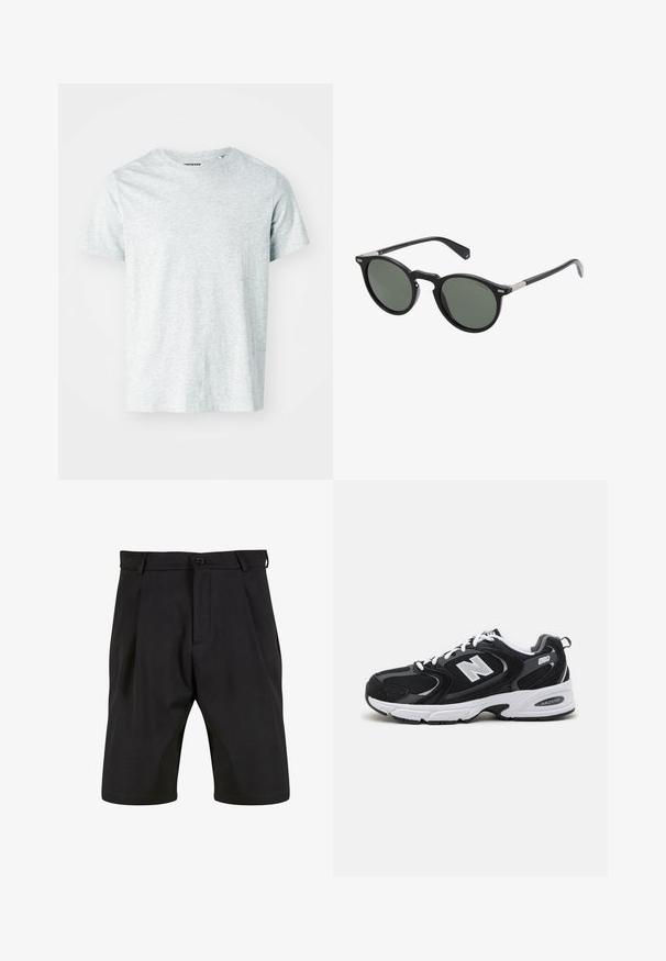 Lys grå, kortærmet t-shirt lavet af blødt stof, med en rund hals og en let afslappet pasform. Ingen synlige mønstre eller grafik.; Sorte shorts lavet af et glat stof med skræddersyet design, der har en frontknaplukning, læg og sidelommer.; Sorte og grå sportssko med mesh og ruskind på overdelen, der har en hvid mellemsål, snørebånd og et iøjnefaldende "N" logo på siden.; Runde sorte solbriller med mørkegrønne linser, plastikramme og metaldetaljer ved stængerne. Glat tekstur, minimalistisk design.