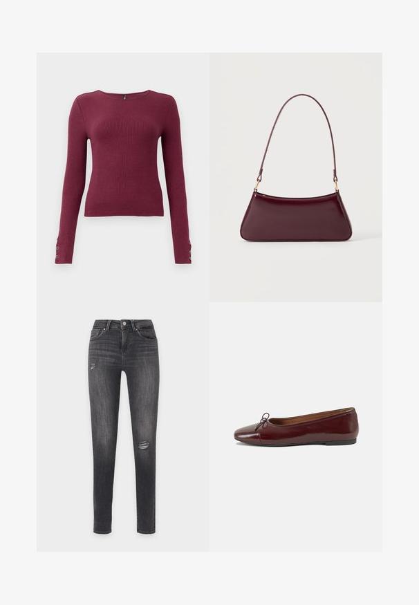 Bordeaux lange mouw ribbel trui met een ronde halslijn en knoopdetails op de manchetten. Gemaakt van een gestructureerde brei-stof.; Zwarte slim-fit jeans met lichte vervaging en kleine distressed scheurtjes op het bovenbeen en kniegebied, met voorzakken en riemlussen.; Bordeaux gepatenteerd lederen ballerina met een ronde neus, een klein strikaccent aan de voorkant en een lage, zwarte rubberen zool. Glad textuur.; Donker bordeaux glanzende handtas met een enkele dunne handgreep en een slanke trapeziumvorm op een effen lichte achtergrond.