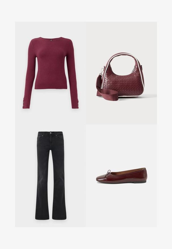 Bordeaux lange mouw ribbel trui met een ronde halslijn en knoopdetails op de manchetten. Gemaakt van een gestructureerde brei-stof.; Zwarte flare jeans gemaakt van denim, met een klassieke vijf-pocket design, een knoopsluiting en subtiele stikseldetails.; Bordeaux gepatenteerd lederen ballerina met een ronde neus, een klein strikaccent aan de voorkant en een lage, zwarte rubberen zool. Glad textuur.; Donkerrode geweven leren handtas met gebogen handvat, witte bies, zilveren rits en afneembare brede stoffen schouderriem tegen een effen achtergrond.