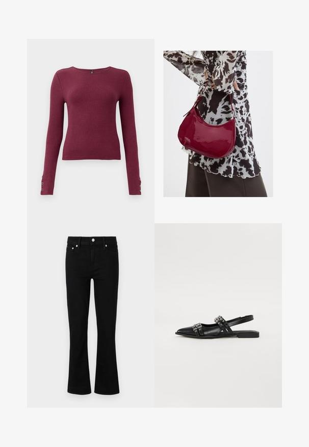 Pull en maille côtelée à manches longues bordeaux avec un col rond et des accents de boutons sur les poignets. Fabriqué dans un matériau en tricot texturé.; Jean en denim noir évasés avec une taille ajustée, design à cinq poches et accents en métal argenté, présentant une texture lisse et une longueur standard.; Even&Odd Ballerines à brides arrière - black; Femme portant un chemisier à motif noir et blanc tenant un sac à main rouge brillant sur un fond uni.