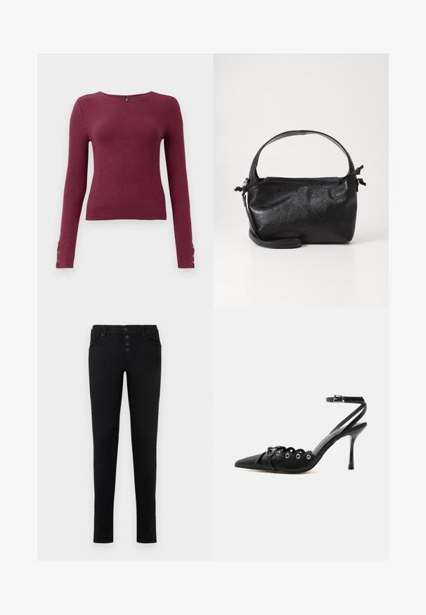 Pull en maille côtelée à manches longues bordeaux avec un col rond et des accents de boutons sur les poignets. Fabriqué dans un matériau en tricot texturé.; Jean en denim noir avec une coupe slim, cinq poches et un bouton. Présente une texture lisse et des lignes épurées.; Chaussure à talon haut noire à bout pointu, bords festonnés, œillets métalliques, lacets à l'avant et bride de cheville avec fermeture à boucle.; Sac à main en cuir noir au design structuré, avec une poignée arrondie et une bandoulière amovible. Présente une texture lisse et un éclat subtil.