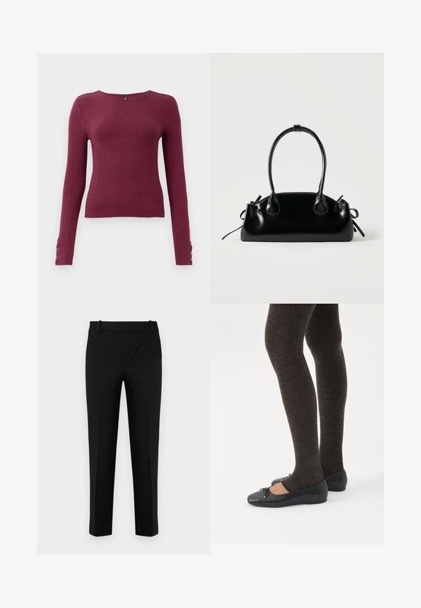 Bordeaux lange mouw ribbel trui met een ronde halslijn en knoopdetails op de manchetten. Gemaakt van een gestructureerde brei-stof.; Zwarte slim-fit broek, met een vlakke voorkant, zijzakken en een soepele textuur. Ontworpen met een gemiddelde taillehoogte en taps toelopende pijpen.; Benen met donkere geribbelde leggings gecombineerd met zwarte ballerina's met kleine strikdetails op een witte achtergrond.; Kleine zwarte glanzende handtas met twee lange hengsels en zijkant trekkoord details op een effen lichte achtergrond.