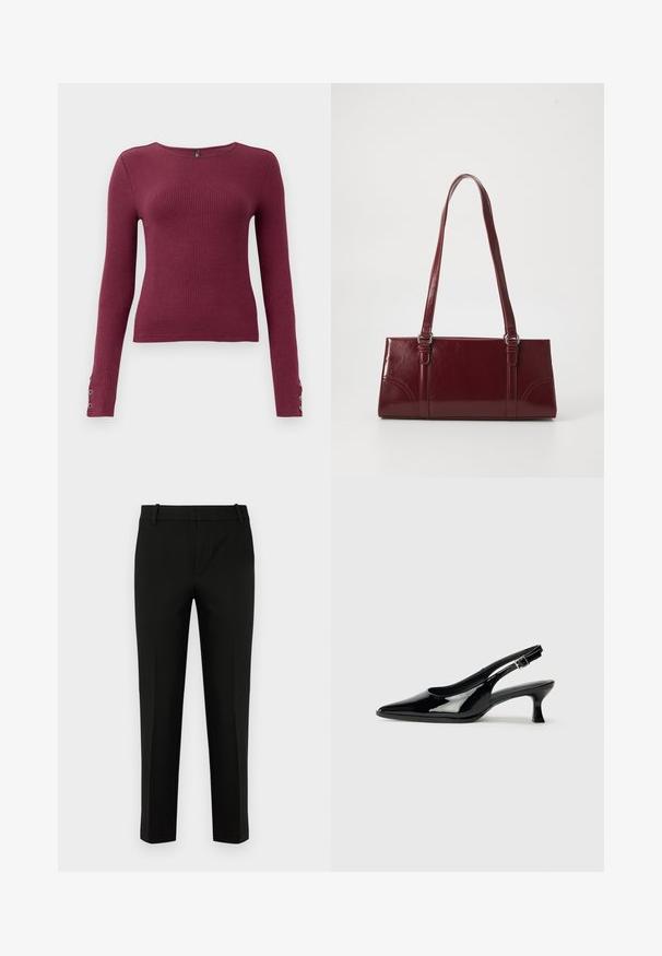 Burgundy langærmet ribstrikket sweater med rund halsudskæring og knapdetaljer på ærmerne. Fremstillet af et tekstureret strikmateriale.; Sort bukser med slim fit, der har flad front, sidelommer og en glat tekstur. Designet med mellemhøj talje og tapered ben.; Sorte patenterede slingback-sko med spidse tæer og lav blokhæl. Justerbar spænde-rem ved anklen.; Bordeaux håndtaske lavet af glansfuldt materiale, rektangulær form, med to skulderremme og subtile buede detaljer på forsiden.