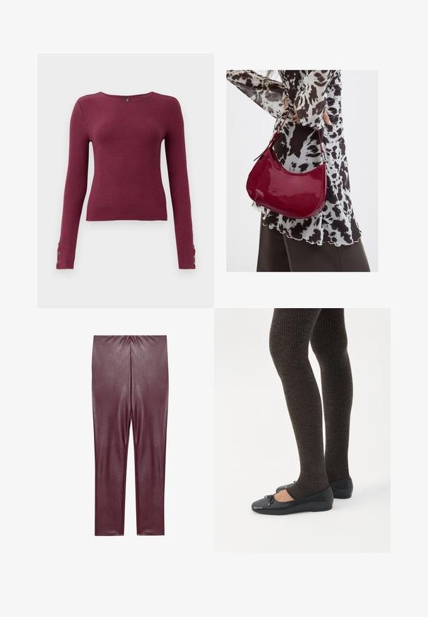 Burgundy langærmet ribstrikket sweater med rund halsudskæring og knapdetaljer på ærmerne. Fremstillet af et tekstureret strikmateriale.; Bordeaux faux læder leggings med en glat tekstur, høj talje og tætsiddende design, der strækker sig til anklerne uden yderligere detaljer.; Ben iført mørke ribbede leggings kombineret med sorte balletsko med små sløjfedetaljer på hvid baggrund.; Kvinde iført en sort- og hvidmønstret bluse, der holder en blank rød skuldertaske mod en ensfarvet baggrund.