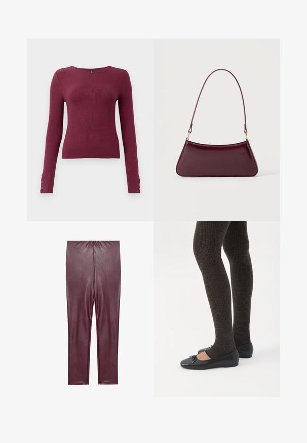 Burgundy langærmet ribstrikket sweater med rund halsudskæring og knapdetaljer på ærmerne. Fremstillet af et tekstureret strikmateriale.; Bordeaux faux læder leggings med en glat tekstur, høj talje og tætsiddende design, der strækker sig til anklerne uden yderligere detaljer.; Ben iført mørke ribbede leggings kombineret med sorte balletsko med små sløjfedetaljer på hvid baggrund.; Mørk burgunderglans håndtaske med et enkelt tyndt håndtag og en elegant, trapezformet form på en ensartet lys baggrund.