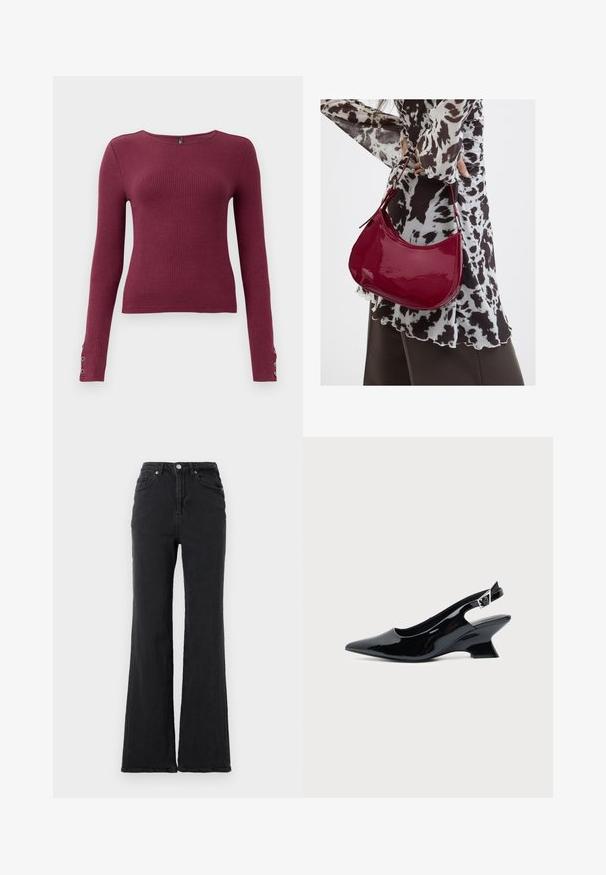 Burgundy langærmet ribstrikket sweater med rund halsudskæring og knapdetaljer på ærmerne. Fremstillet af et tekstureret strikmateriale.; Sorte højtaljede denimjeans med flagrende ben, frontknap og fem-lommet design mod en helt hvid baggrund.; Sort laklæder slingback sko med spids tå og lav vinklet blokhæl på ensartet lys baggrund.; Kvinde iført en sort- og hvidmønstret bluse, der holder en blank rød skuldertaske mod en ensfarvet baggrund.