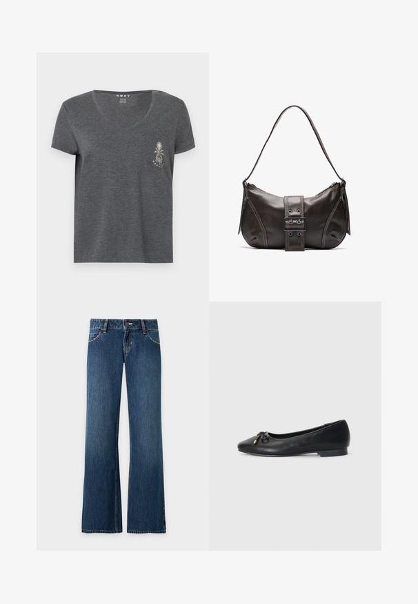 Mørkegrå V-udskæring T-shirt med korte ærmer og lille forlommer, der har et hvidt motiv af en palme og bølge over teksten "Roxy".; Blå straight-leg denimjeans med forlommer, bæltestropper, knaplukning og synlige sømme på en ensfarvet lys baggrund.; Sort læder balletflade med spids tå, med en lille sløjfedetail og gyldne accenter, samt en lav, rund hæl.; Brun læder skuldertaske med en buet form, der har et fremtrædende spænde, kontrasterende syninger og en enkelt skulderrem.
