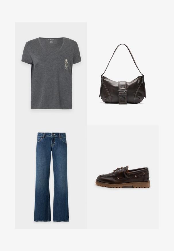 Mørkegrå V-udskæring T-shirt med korte ærmer og lille forlommer, der har et hvidt motiv af en palme og bølge over teksten "Roxy".; Blå straight-leg denimjeans med forlommer, bæltestropper, knaplukning og synlige sømme på en ensfarvet lys baggrund.; Brun læder bådsko med rund tå, to snørehuller og struktureret gummisål. Har syet detaljer og en kontrasterende tan sål.; Brun læder skuldertaske med en buet form, der har et fremtrædende spænde, kontrasterende syninger og en enkelt skulderrem.
