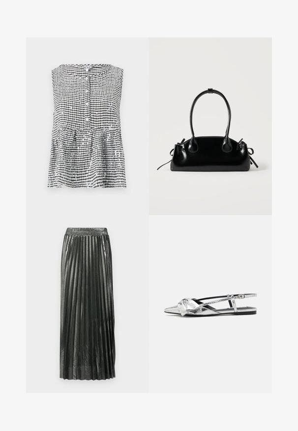 Haut sans manches noir et blanc à carreaux avec un devant à boutons et un ourlet en peplum, présentant un tissu texturé et des sequins brillants.; Jupe plissée métallisée vert foncé avec une taille élastique, dotée de plis verticaux et d'une texture lisse, atteignant la longueur mi-mollet.; Ballerines argentées métalliques à bride arrière avec un bout pointu, présentant un détail de nœud sur le devant et une sangle ajustable pour un maintien sécurisé.; Petit sac à main noir brillant avec deux longues anses et des détails à cordon sur les côtés sur un fond clair uni.