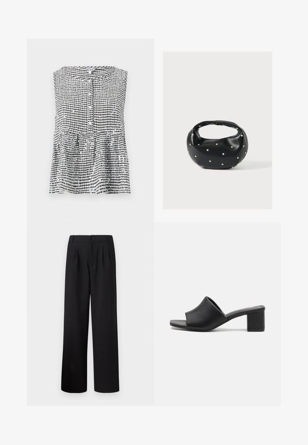 Haut sans manches noir et blanc à carreaux avec un devant à boutons et un ourlet en peplum, présentant un tissu texturé et des sequins brillants.; Pantalons larges noirs avec plis, taille haute, fermeture à bouton et texture de tissu lisse. Aucune poche visible dans le design.; Mules à talons carrés en cuir noir avec un bout ouvert, présentant une surface lisse et un upper légèrement courbé pour le confort et le style.; Sac à main en cuir noir de forme arrondie, décoré de clous argentés et équipé d'une poignée courte. Texture lisse et fermeture éclair.