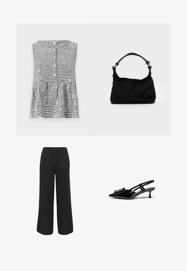 Ärmelloses schwarz-weiß kariertes Oberteil mit Knopfleiste und Peplum-Saum, das aus einem strukturierten Stoff mit glänzenden Pailletten gefertigt ist.; Culture CUNAVI CLARINA - Stoffhose - black; Schwarze Lackleder-Slingbacks mit spitzer Zehenpartie, einer Schleifendetail an der Vorderseite und einem kleinen Stiletto-Absatz. Die Riemen haben verstellbare Schnallen.; Schwarze Kunstfell-Handtasche mit weicher Textur, runder Form und einem stabilen schwarzen Leder-Schulterriemen. Sichtbare silberne Hardware-Akzente.