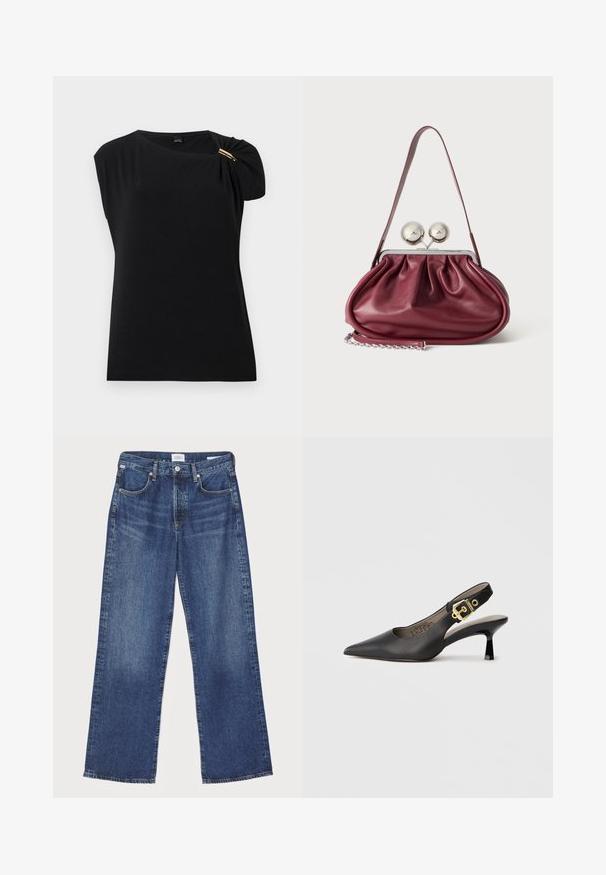 Zwart mouwloos topje met geplooide details en een gouden gesp op de linkerschouder, gladde stof, ronde halslijn.; Citizens of Humanity ANNINA - Straight leg jeans - westwood dark indigo; Zwarte slingback hoge hak schoenen met een spitse neus, een gladde leren textuur en een gouden gespaccent op de band.; Kleine bordeaux leren handtas met geplooide details, een dunne band en een zilveren sluiting met twee grote ronde knoppen.