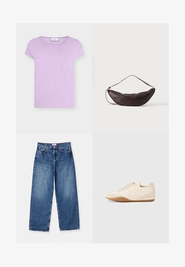 Fialové krátke bavlnené tričko s okrúhlym výstrihom a malým vreckom na hrudi, s etikou "Marc O’Polo Denim".; Svetlomodré rifľové nohavice s širokými nohavicami, vyrobené z denimovej tkaniny, s klasickým dizajnom piatich vreciek, viditeľným prešívaním a stredne vysokým pásom.; Svetlobéžové tenisky s textúrovaným koženým zvrškom, textúrovanými bočnými panelmi a gumovou podrážkou. Majú štíhly, prúžkovaný dizajn a ploché šnúrky.; Tmavohnedá kožená polmesiacová taška na rameno s oblúkovým pásikom a viditeľným prešitím na jednofarebnom pozadí.