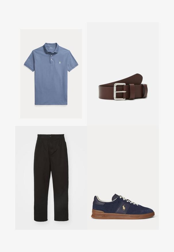 Blaues kurzärmeliges Poloshirt mit zwei weißen Knöpfen und weißem, besticktem Pferdelogo auf der linken Brust.; Schwarze Hose aus glattem Stoff, mit Knopfverschluss, geradem Schnitt und zwei vorderen Falten für zusätzlichen Detail.; Marineblaue Low-Top-Sneaker mit weißen Schnürsenkeln, brauner Sohle und Polo-Spieler-Logo an der Seite, von links betrachtet.; Brauner Leder-Gürtel mit einer silbernen Metall-Schnalle, glatter Textur und einem leicht gebogenen Ende mit einem geprägten Logo-Detail.