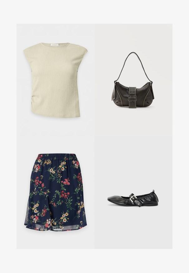 Haut beige texturé sans manches avec un col rond et un motif subtil de plis, présenté sur un fond blanc uni.; Jupe florale avec une taille élastique, présentant un fond marine orné de motifs floraux rouges, jaunes et verts. Tissu léger.; Chaussure plate en cuir noir avec un nez pointu, des détails froncés autour de l'ouverture et un accent en boucle argentée sur la bride ajustable.; Sac à épaule en cuir noir avec une sangle à boucle, des bords arrondis et des coutures blanches contrastées sur un fond uni.