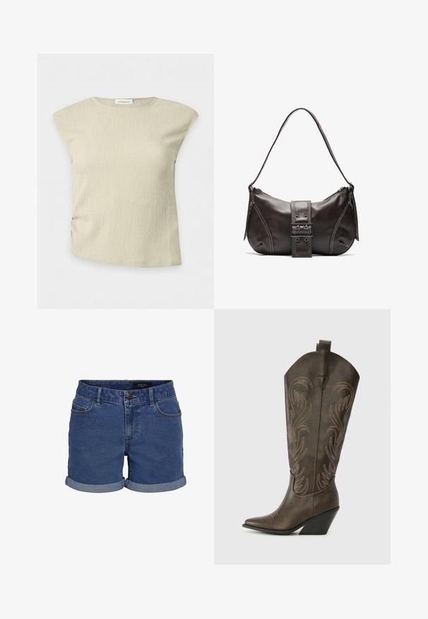 Mouwloze beige top met structuur, een ronde halslijn en subtiel rimpelpatroon, weergegeven op een effen witte achtergrond.; Denim shorts in donkerblauw met een klassieke snit. Beschikt over opgerolde zomen, twee voorzakken en een knoopsluiting. Glad textuur.; Bruine leren cowboylaars met een spitse neus, wiggenhak en decoratieve borduursels. Heeft een hoge schacht en een trekriem.; Bruine leren schoudertas met een gebogen vorm, voorzien van een opvallende gespdetail, contrasterende stiksels en een enkele schouderband.