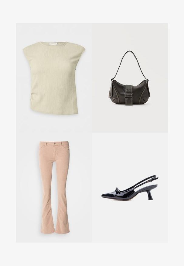 Ærmeløs beige tekstureret top med rund halsudskæring og subtilt rynkemønster, vist på en ensfarvet hvid baggrund.; Lysrosa fløjl flared jeans med subtil ribbet tekstur, frontlommer, lynlås og knaplukning, samt en let falmning langs benene.; Sort laklæder slingback-sko med spids tå, lille knudedetalje og udvidet mellemhøj hæl på hvid baggrund.; Sort læder skuldertaske med spænde på remmen, afrundede kanter og kontrasterende hvide syninger på en ensfarvet baggrund.