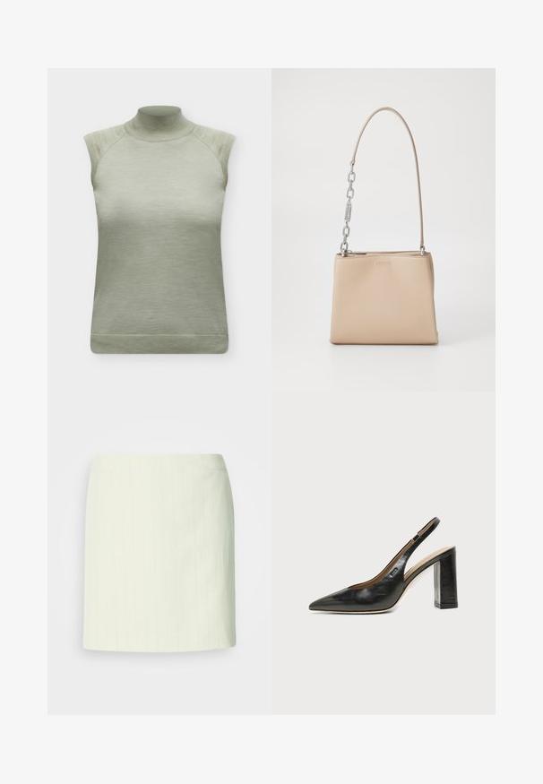 Haut tricoté sans manches vert clair avec col montant et bordures côtelées aux épaules et à l'ourlet.; Jupe crayon ivoire longueur genou avec de subtiles fines rayures verticales et une taille cintrée.; Chaussure slingback en cuir noir à bout pointu avec un talon bloc haut et une doublure intérieure beige sur un fond clair uni.; Sac à main en cuir beige au toucher lisse, avec une accent en chaîne argentée sur la poignée et une fermeture éclair. "HUGO" embouti à l'avant.