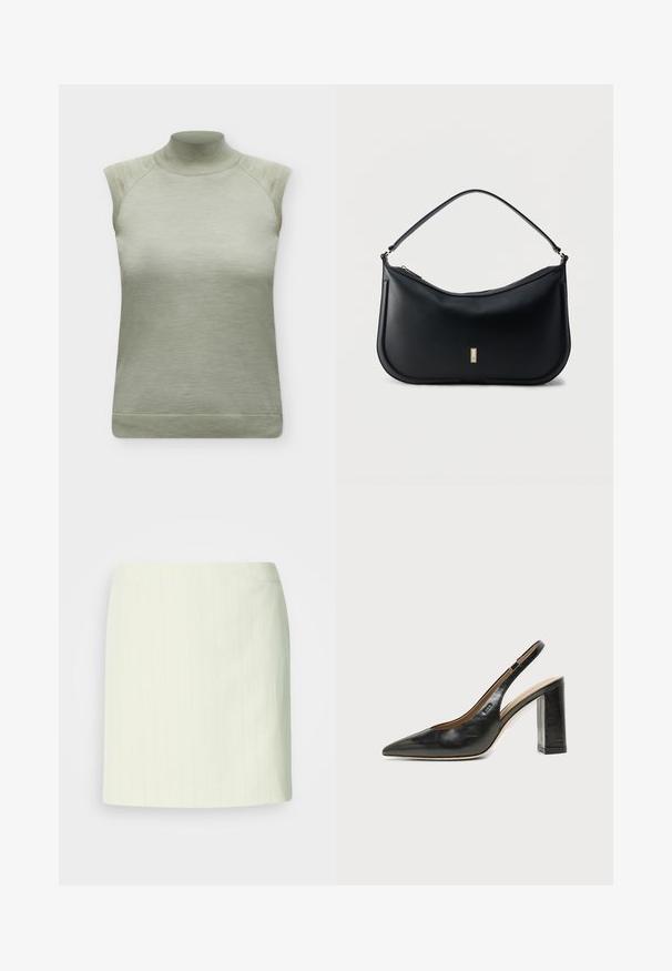 Haut tricoté sans manches vert clair avec col montant et bordures côtelées aux épaules et à l'ourlet.; Jupe crayon ivoire longueur genou avec de subtiles fines rayures verticales et une taille cintrée.; Chaussure slingback en cuir noir à bout pointu avec un talon bloc haut et une doublure intérieure beige sur un fond clair uni.; Sac à bandoulière en cuir noir avec une seule sangle, design minimaliste, fond arrondi, et une petite plaque logo rectangulaire dorée sur le devant.