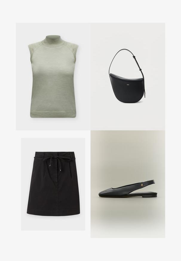 Haut tricoté sans manches vert clair avec col montant et bordures côtelées aux épaules et à l'ourlet.; Jupe noire longueur genou avec une taille nouée et de subtils plis sur le devant, confectionnée dans un tissu lisse.; Chaussure plate noire en cuir à bride arrière avec bout pointu et accent logo doré sur la bride, présentée sur un fond neutre.; Sac à bandoulière en cuir noir en forme de demi-lune avec une bandoulière réglable et le logo doré « BOSS » centré sur le devant.