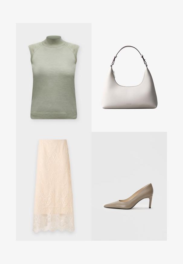 Haut tricoté sans manches vert clair avec col montant et bordures côtelées aux épaules et à l'ourlet.; Jupe midi couleur crème avec une superposition en dentelle florale complexe et un ourlet festonné, présentée à plat sur un fond blanc.; Chaussure à talon haut en cuir beige avec un bout pointu et un talon slim de 7 cm. Surface lisse et design minimaliste sans embellissements visibles.; Sac à bandoulière en cuir couleur crème de Calvin Klein avec bord supérieur incurvé, fermeture éclair argentée et sangle ajustable brun foncé.