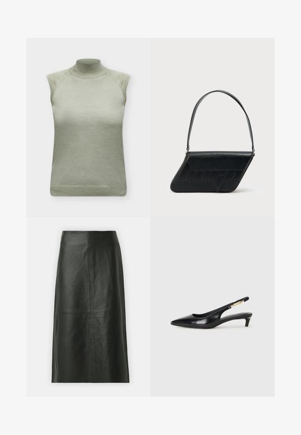 Haut tricoté sans manches vert clair avec col montant et bordures côtelées aux épaules et à l'ourlet.; Jupe midi en cuir noir avec une coupe droite. Texture lisse, coutures minimales et taille ajustée. Pas de poches visibles ni de détails supplémentaires.; Talons hauts en cuir noir avec un bout pointu, dotés d'un talon fin et d'un accent en ton or sur la lanière réglable. Texture lisse.; Sac d'épaule en cuir noir de forme triangulaire, avec un logo embossé et une seule bandoulière réglable. Design minimaliste avec une texture lisse.