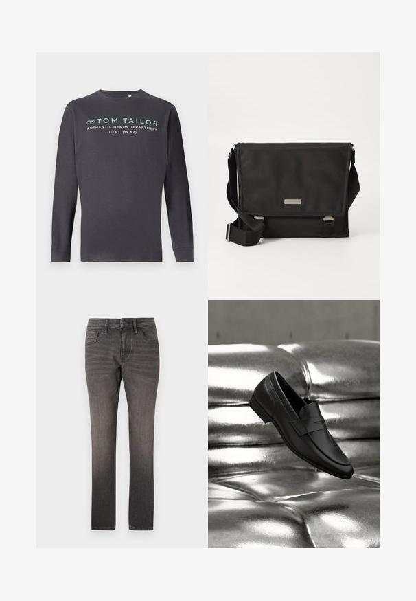 TOM TAILOR PRINTED - Langærmet T-shirt - tarmac grey; TOM TAILOR JOSH - Jeans Straight Leg - used dark stone black denim; Sort læderloafer placeret over en skinnende metalisk sølv tuftet pude baggrund.; Sort messenger taske lavet af nylon med en mat finish. Har en klaplukning, justerbar rem og en lille metal logo plade.