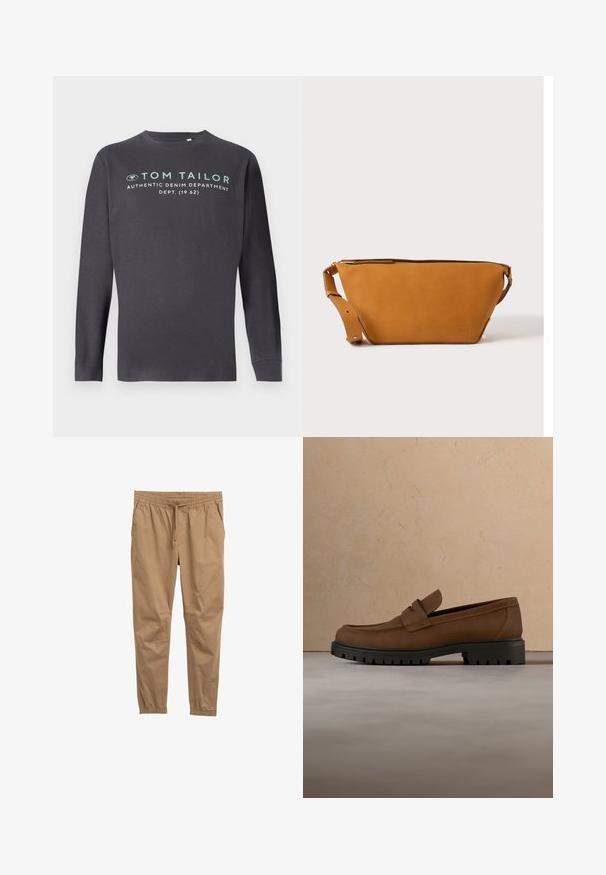 TOM TAILOR PRINTED - Langærmet T-shirt - tarmac grey; Brune bomuldsblandede bukser med elastisk talje, justerbar snøre og tapered manchetter. Glat tekstur, ingen synlige mønstre eller metaldele.; Mørkebrune læderloafer med tyk sort gummisål vist over en beige tæppe- og sofa baggrund.; Lys brun læder crossbody taske med justerbar rem og lynlås, vist mod en ensartet lys baggrund.