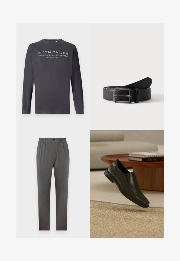 TOM TAILOR PRINTED - Camiseta de manga larga - tarmac grey; Pantalones grises con un diseño a medida, que cuentan con una cinturilla elástica, cierre de botón y piernas rectas; hechos de una tela suave y texturizada.; Zapato de vestir negro de cuero tipo mocasín flotando sobre una alfombra tejida beige, con mesa de café redonda de madera y libros apilados al fondo.; Cinturón de cuero negro enrollado con hebilla rectangular de metal plateado sobre un fondo claro y sencillo.