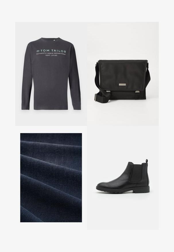 TOM TAILOR PRINTED - Langærmet T-shirt - tarmac grey; Mørkeblå denimstof med en ribbet tekstur, der viser folder og bølger, hvilket fremhæver dens vægt og holdbarhed.; Sort læder Chelsea-boot med elastiske sidepaneler og en løftestrop, der har en rund tå og en tekstureret gummisål.; Sort messenger taske lavet af nylon med en mat finish. Har en klaplukning, justerbar rem og en lille metal logo plade.