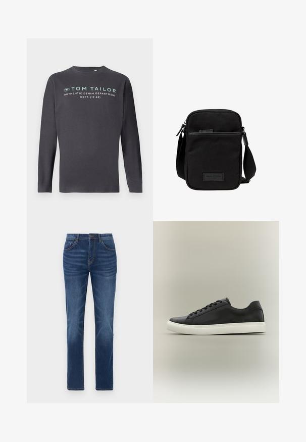TOM TAILOR PRINTED - Longsleeve - tarmac grey; Donkerblauwe denim jeans met een klassieke rechte pasvorm, vijfzakkenontwerp en lichte vervaging details op de benen. Voorzien van een knoop- en ritssluiting.; Zwarte lage sneaker met witte rubberen zool en zwarte veters, zijaanzicht tegen een neutrale achtergrond.; Zwarte stoffen crossbody tas met een ritssluiting hoofdcompartiment, leren accenten, een voorkantvak en een verstelbare band. Marc O'Polo logo zichtbaar.