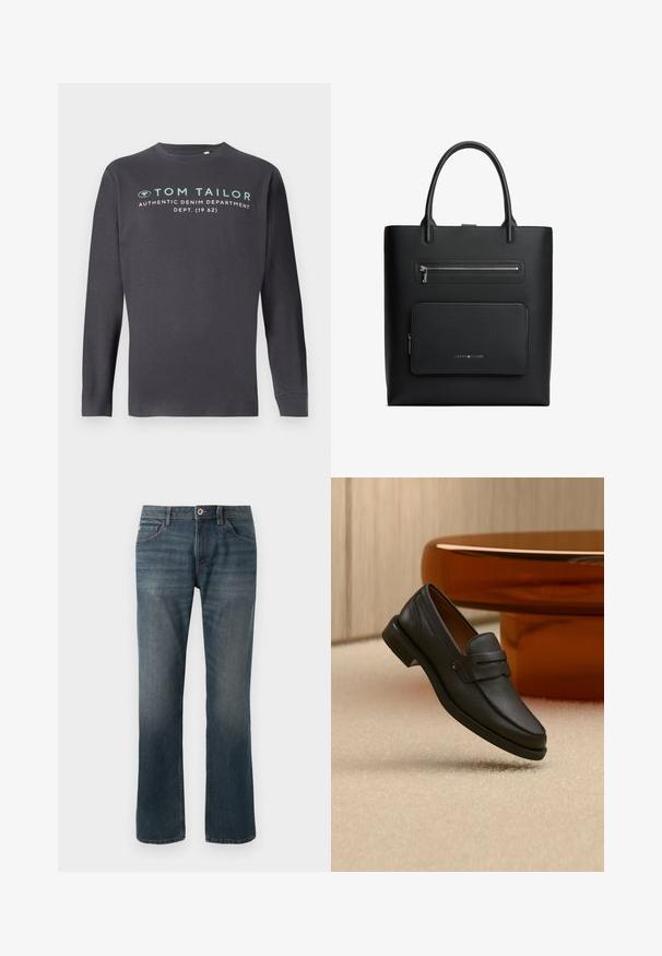 TOM TAILOR PRINTED - Top s dlhým rukávom - tarmac grey; Tmavomodré džínsy s rovnými nohavicami. Medzi vlastnosti patrí päť vreciek, kontrastné švy a zapínanie na gombík a zips vpredu.; Čierne pánske kožené mokasíny s pásikom na vrchu, vystavené na béžovom koberci pri hnedom modernom okrúhlom stole.; Čierna obdĺžniková taška s dvoma rukoväťami, so zapínacou vrchnou kapsou a predným zapínacím vreckom s jemným logom značky.