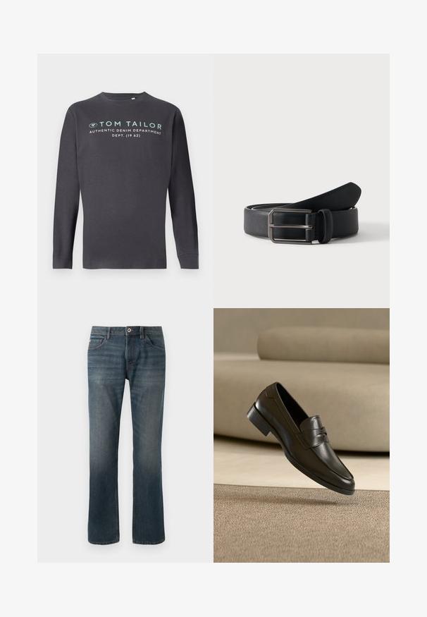 TOM TAILOR PRINTED - Camiseta de manga larga - tarmac grey; Jeans de mezclilla azul oscuro con un diseño de pierna recta. Las características incluyen cinco bolsillos, costuras de contraste y un cierre frontal con botón y cremallera.; Zapato mocasín de cuero negro flotando sobre una alfombra beige con un sofá beige en el fondo, mostrando el diseño clásico para hombres sin cordones.; Cinturón de cuero negro enrollado con hebilla rectangular de metal plateado sobre un fondo claro y sencillo.