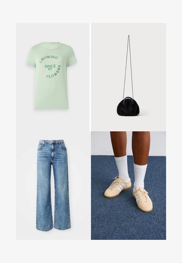 Lys grøn t-shirt i bomuld med korte ærmer. Forsiden prydes af cirkulær tekst: "Vokser Blomster Siden 07" i grøn og pink. Rundet halsudskæring.; Lysblå denim bredbente jeans med høj talje, der har fem lommer, knaplukning øverst og kontrastsyninger langs sømmene.; Person i beige Adidas sneakers med hvide striber og hvide ankelstrømper, stående på et blåt tæppe.; Lille sort taske i kunstpels med flettede top-håndtag og lang tynd skulderrem på ensfarvet baggrund.