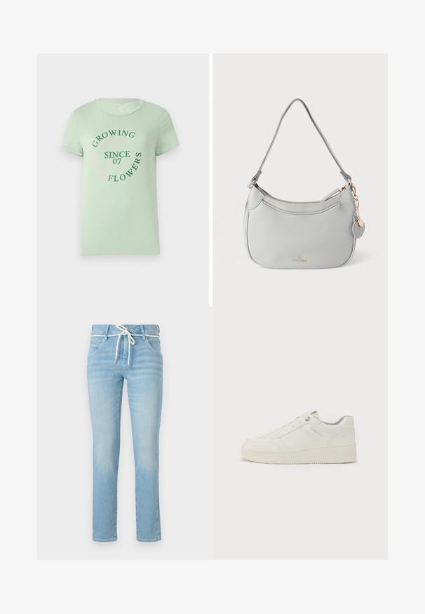 Lichtgroene katoenen T-shirt met korte mouwen. De voorkant heeft cirkelvormige tekst: "Bloemen Groeien Sinds 07" in groen en roze. Rond de hals.; lichtblauwe denim jeans met een rechte pijp, voorzien van een witte trekkoord in de taille en subtiele vervagingen overal.; Witte sneaker met een gladde leren buitenkant, ronde neus, zes oogjes, gevoerde kraag en een gestructureerde rubberen zool. Subtiel merkembleem aan de zijkant.; Grijze leren handtas met een gebogen vorm, hardware in goudkleur en een decoratieve hanger. Voorzien van een ritssluiting en een enkele schouderriem.