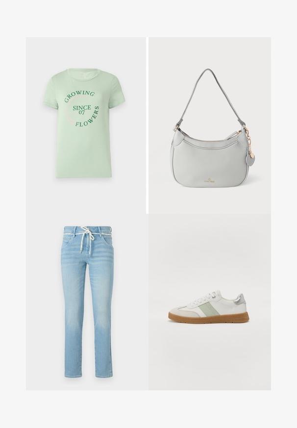 Lichtgroene katoenen T-shirt met korte mouwen. De voorkant heeft cirkelvormige tekst: "Bloemen Groeien Sinds 07" in groen en roze. Rond de hals.; lichtblauwe denim jeans met een rechte pijp, voorzien van een witte trekkoord in de taille en subtiele vervagingen overal.; TOM TAILOR Sneakers laag - white/mint; Grijze leren handtas met een gebogen vorm, hardware in goudkleur en een decoratieve hanger. Voorzien van een ritssluiting en een enkele schouderriem.