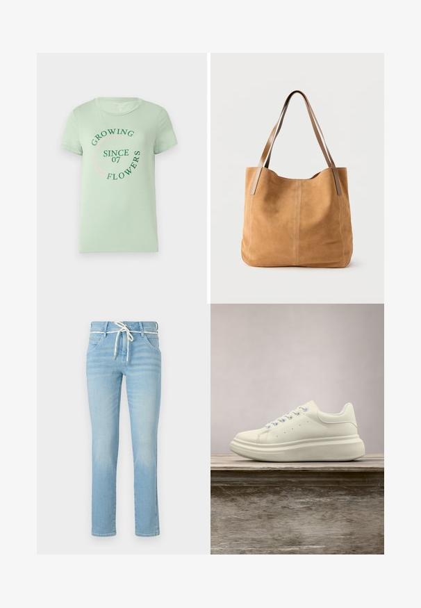 Lichtgroene katoenen T-shirt met korte mouwen. De voorkant heeft cirkelvormige tekst: "Bloemen Groeien Sinds 07" in groen en roze. Rond de hals.; lichtblauwe denim jeans met een rechte pijp, voorzien van een witte trekkoord in de taille en subtiele vervagingen overal.; Witte leren sneaker met ronde neus, gladde textuur en contrasterende veters. Heeft ventilatiegaten en een dikke rubberen zool voor comfort.; Beige suède totebag met lange lichtbruine leren hengsels, zachte textuur en eenvoudige stiksels op een effen witte achtergrond.