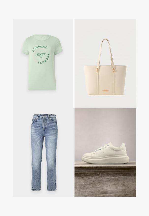 Lichtgroene katoenen T-shirt met korte mouwen. De voorkant heeft cirkelvormige tekst: "Bloemen Groeien Sinds 07" in groen en roze. Rond de hals.; Lichtblauwe spijkerbroek met een rechte pasvorm, hoge taille, vervaagde textuur en vijf zakken. Voorzien van een metalen knoop en ritsluiting.; Witte leren sneaker met ronde neus, gladde textuur en contrasterende veters. Heeft ventilatiegaten en een dikke rubberen zool voor comfort.; Crèmekleurige getextureerde tote bag met lange handvatten en gouden hardware details op een neutrale achtergrond.